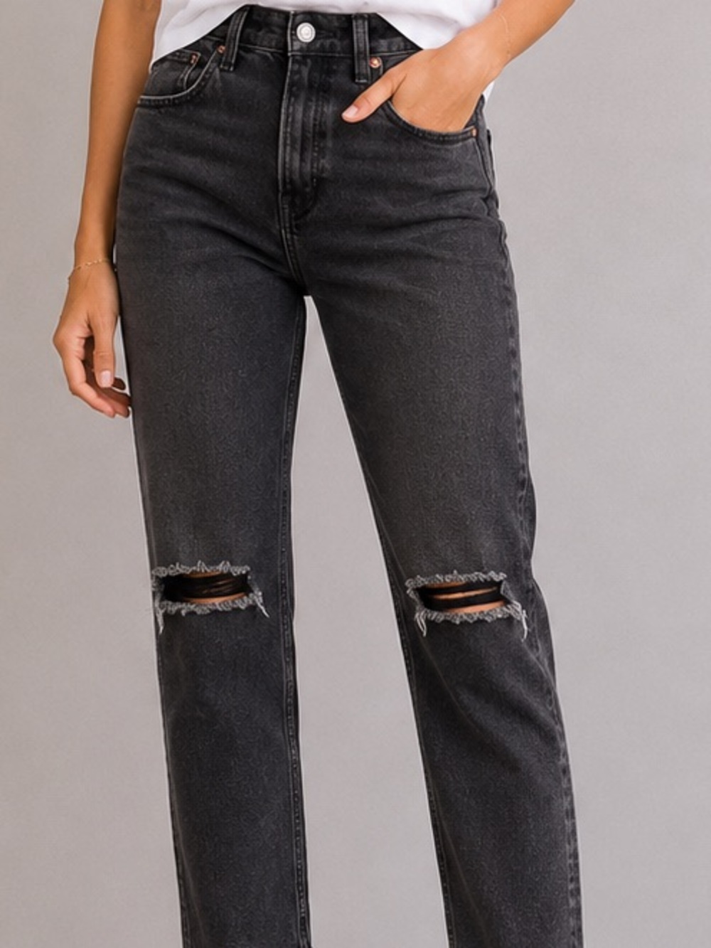 Abercrombie Black Ankle Straight Distressed Ultra High Rise Jean 27